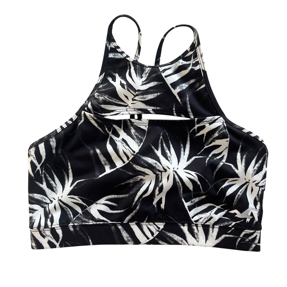 Hollister Active Women S Black White Palm Leaf Print High Neck Cutout Sports Bra